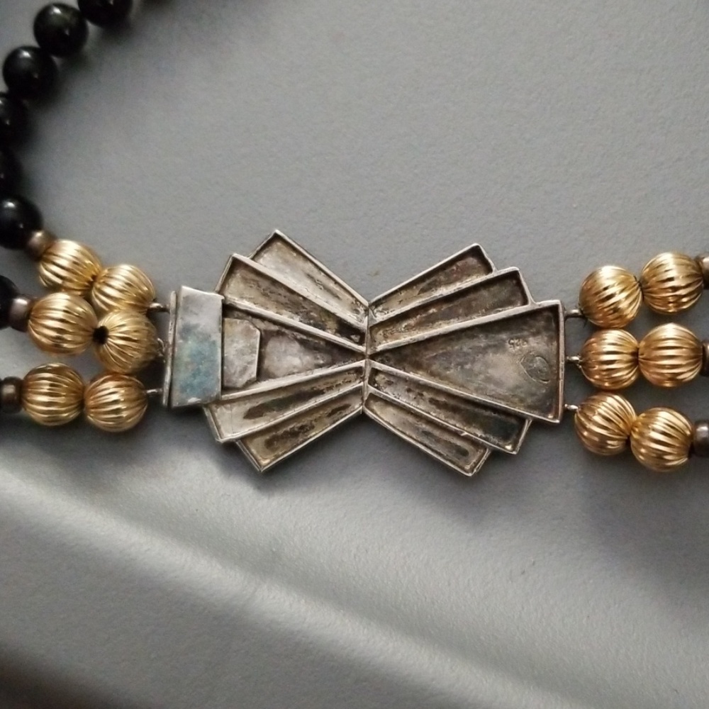 Vintage Triple Strand Sterling/Onyx Bead Necklace - Picture 8 of 8